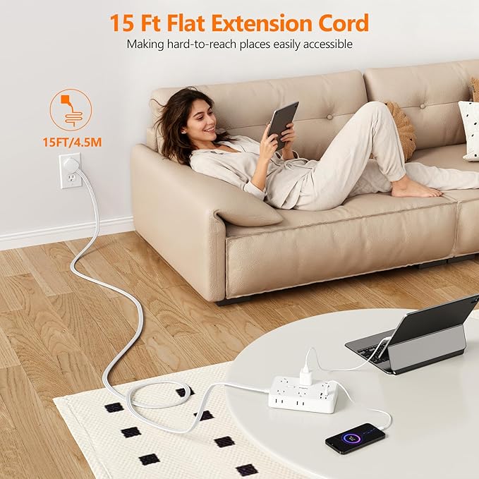Surge Protector Power Strip-TerHavn 15 FT Flat Extension Cord ,10 AC Outlets & - Image 7