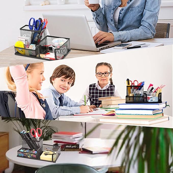 Ludato Desk Organizers Mesh Pencil Holder,3 Compartments Black Mesh Pen Holder - Image 7