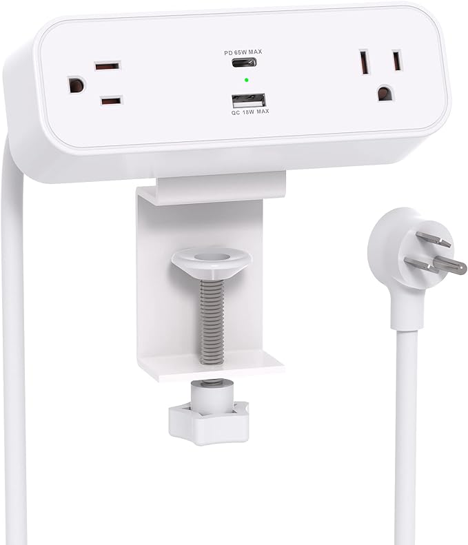 Desk Clamp Power Strip, 65W 10ft Extension Cord- 2 Outlets Desktop Power Strip by Mifaso