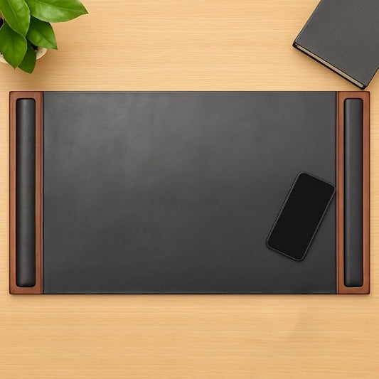 Walnut & Black Leather 34" x 20" Side-Rail Desk Pad by Dacasso