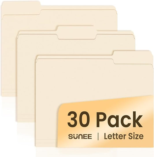 SUNEE File Folders, 30 Pack Manilla Folders 8.5 x 11, 1/3 Cut Tab by SUNEE