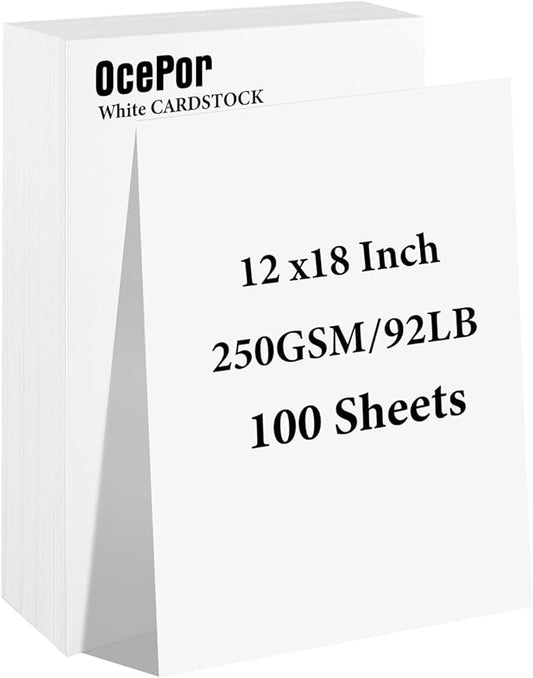 OcePor 100 Sheets White Cardstock 12” x 18”, 92lb/250gsm Black Card Stock by OcePor