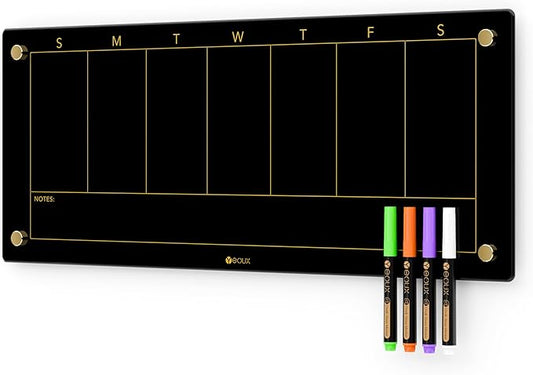 Black Glass Golden Weekly Dry Erase Calendar Whiteboard by Yeoux