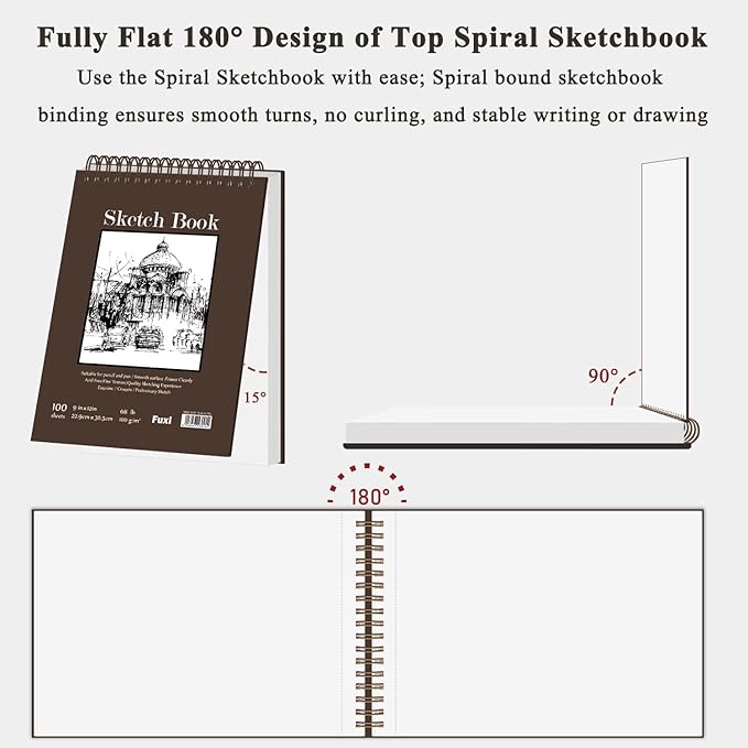 Fuxi 9" x 12" Sketch Book, Top Spiral Bound Sketch Pad, 100 Sheets 68lb/100gsm - Image 6