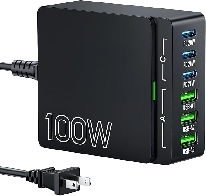 USB C Charger Block Charging Station: 100W 6 Port GaN Fast Charging Brick Hub by Gakezi