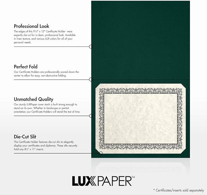 LUXPaper 9.5" x 12" Certificate Holders | Green Linen | 100lb. Cover | 100 Qty - Image 2