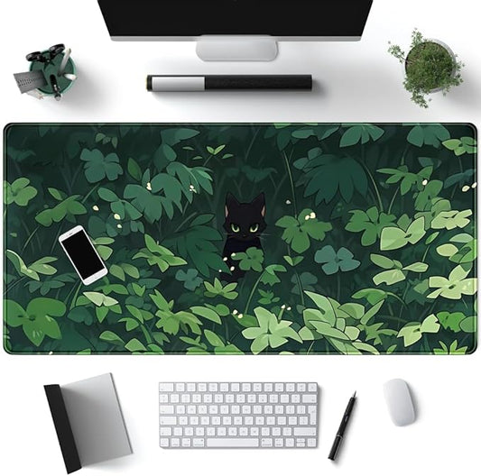 Black Cat Anime Desk Gaming Mat, XL Green & Large, 31.5x15.8in, by Mechanical+Cattle