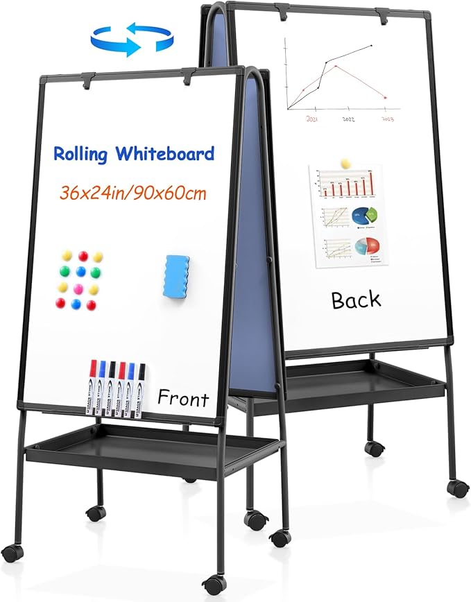 MAKELLO Rolling Whiteboard on Wheels 36x24 in, Double Sided Mobile White Board by MAKELLO