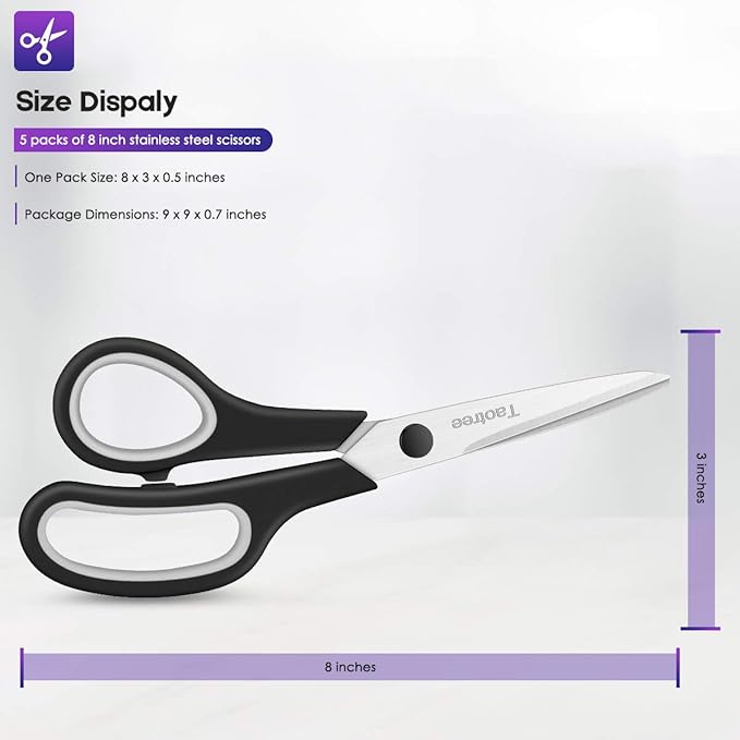 Scissors Bulk 20-Pack, Taotree 8" All Purpose Scissors, Soft Comfort-Grip - Image 5