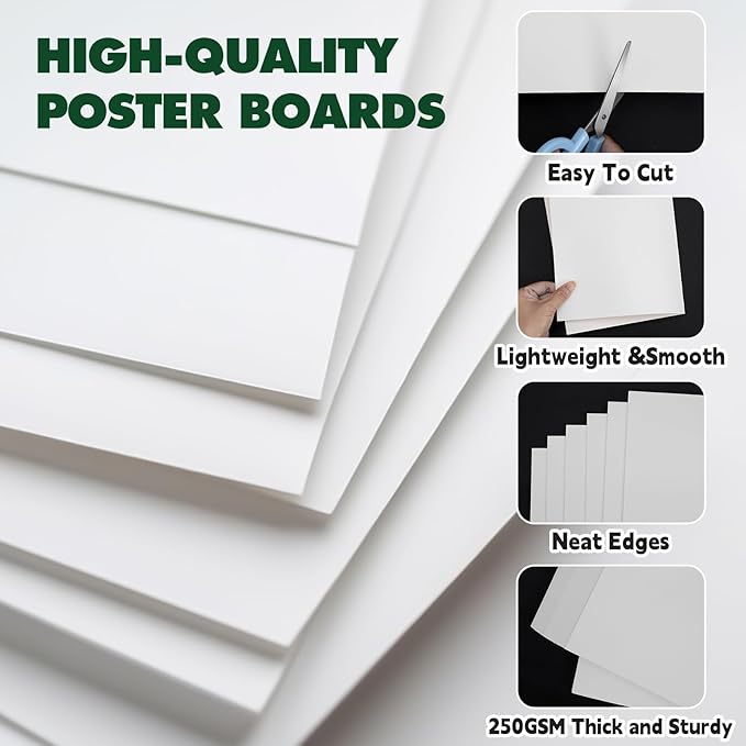 TUXIYA 100 Pack White Poster Board, 250GSM/92LB Heavy-Weight Blank Poster Board - Image 3