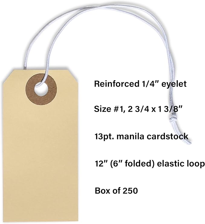 Paper Tags with Strings Attached Elastic- #1, 2 3/4” x 1 3/8”, Box of 500 - Image 3
