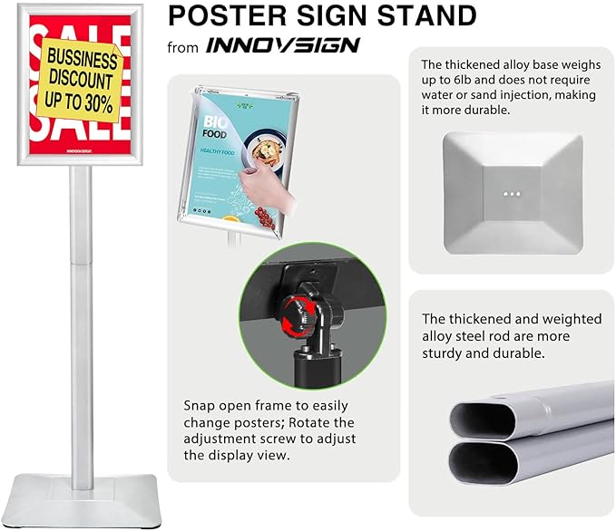 INNOVSIGN Heavy Duty Adjustable Pedestal Poster Sign Stand, 11x17 Aluminum Open - Image 2