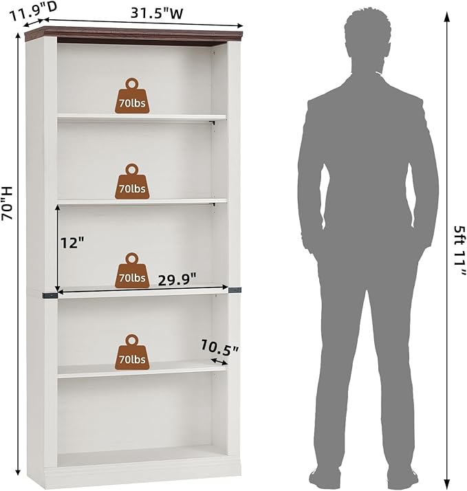 RWYHG 70" White Tall Bookshelf Set of 4, 5-Tier Thick Wooden Book Shelf - Image 3