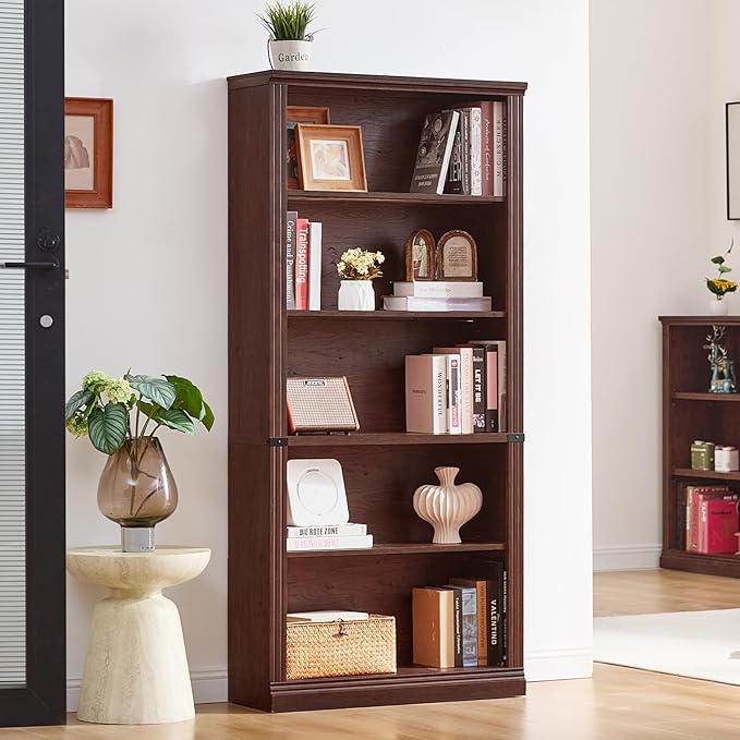 RWYHG 70" Walnut Tall Bookshelf, 5-Tier Thick Wooden Book Shelf - Image 3