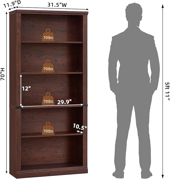 RWYHG 70" Walnut Tall Bookshelf Set of 3, 5-Tier Thick Wooden Book Shelf - Image 3