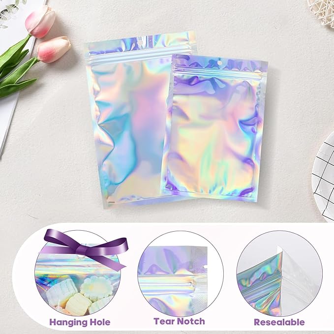 100Pcs Holographic Packaging Bags, 4.7x7 inch Resealable Foil Pouch Mylar - Image 6
