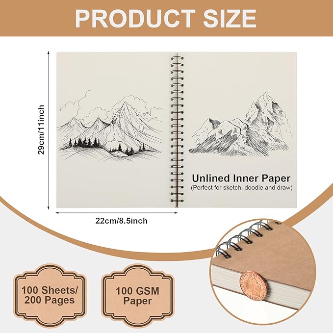 PerKoop 6 Pcs 8.5"x11" Spiral Sketch Pad A4 Large 100 Sheet Blank Notebook - Image 2
