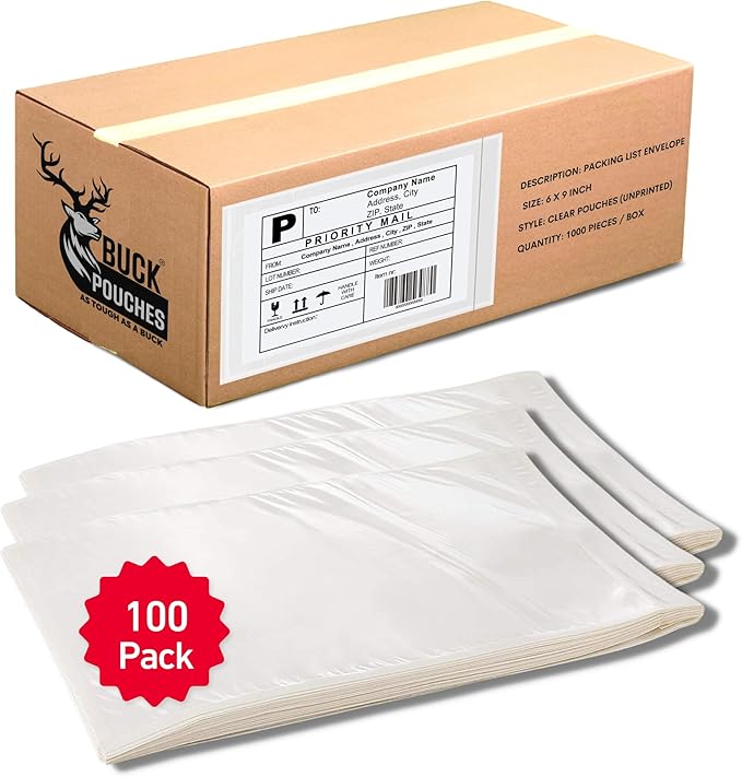 100 Pack 6"x9" Shipping Label Sleeves – Clear Self-Adhesive Packing Slip Pouches by BuckUSA