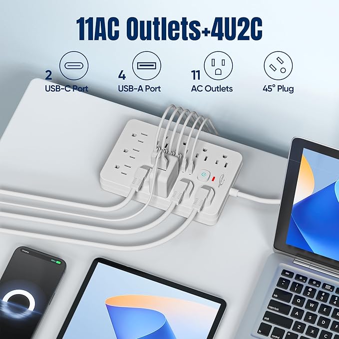 JouleLoom 10 FT Flat Plug Surge Protector Power Strip, 11 Multiple AC Outlets - Image 2
