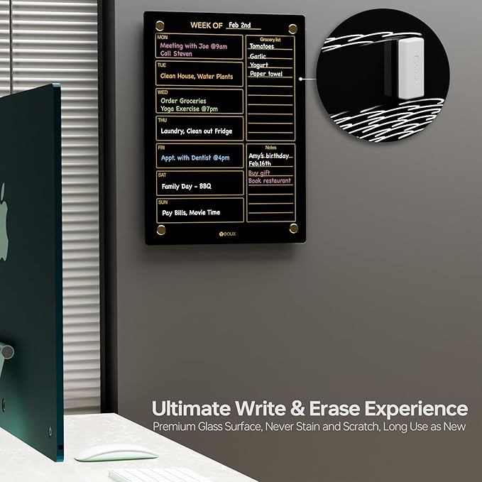 Black Glass Golden Weekly Dry Erase Calendar & Menu Whiteboard - Image 4