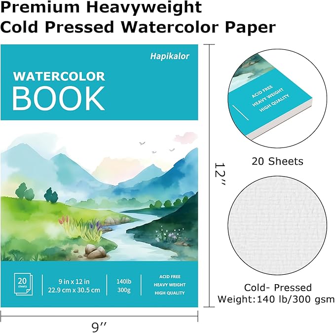 Hapikalor 9"x12" Watercolor Sketchbook, Water Color Paper, 140lb/300gsm - Image 2