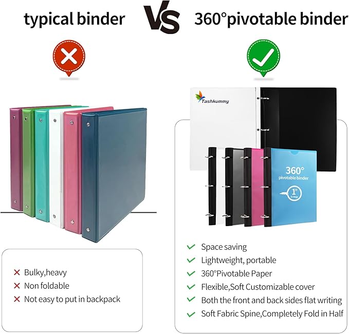 Tashkummy 360 Degree Pivotable Binder, Upgraded 3 Ring Binder 1 inch, Flexible - Image 2