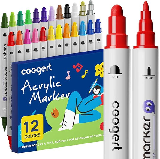 Coogert 12 Colors Dual Tip Acrylic Paint Markers, Fine Tip and Dot Tip Acrylic by CoogertPaintPens