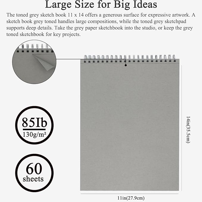 Fuxi Toned Gray Sketchbook 11x14, Large Drawing Pad, 60 Sheets Spiral Bound - Image 2
