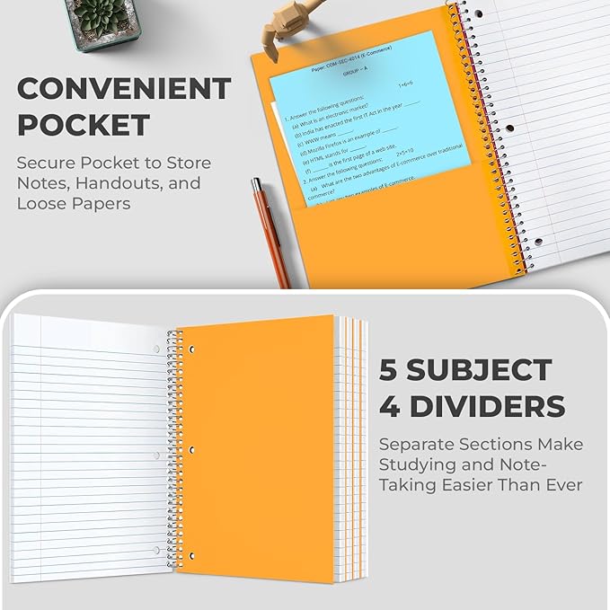 Rosmonde Bulk Spiral Notebook 24 Pack, 5 Subject, 300 Pages/Book, 8 x 10-1/2 - Image 3