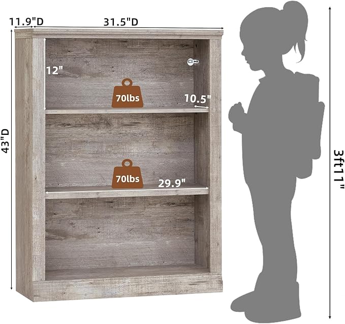 RWYHG 43" Grey Tall Bookshelf, 3-Tier Thick Wooden Book Shelf - Image 2