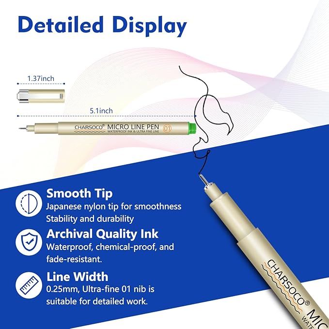 CHARSOCO 01 Micro Pen, 12 Colors Fine Point Pen, 0.25mm Fineliner Ink Pens - Image 2