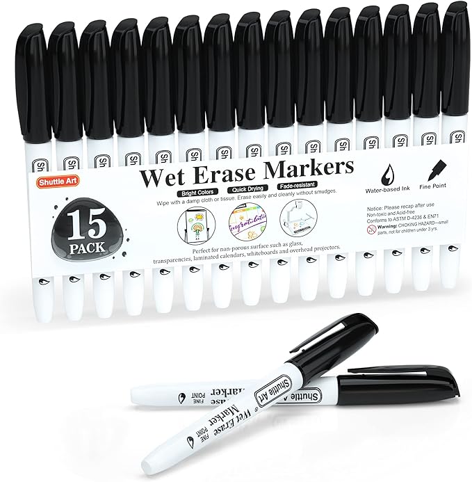 Shuttle Art Wet Erase Markers, 15 Pack Black 1mm Fine Tip Smudge-Free Markers by ShuttleArt