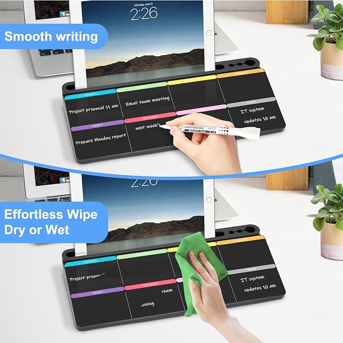 Desktop Glass Whiteboard with Storage, Colorful Weekly Calendar Desk Dry Erase - Image 4