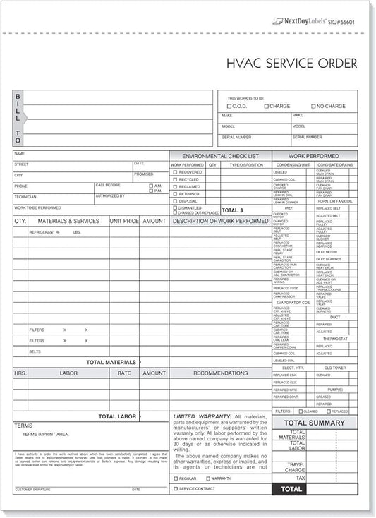 HVAC Service Order Invoice & Repair Detail Form, 3 Part Forms Carbonless 100 by NextDayLabels