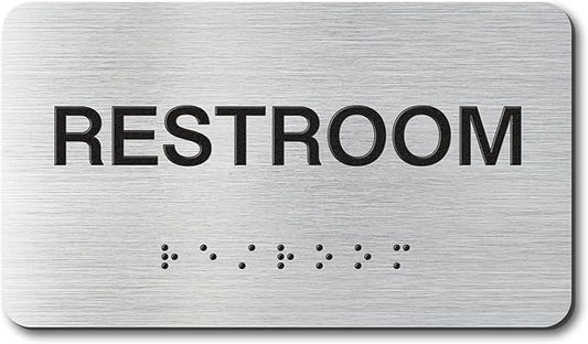 RESTROOM Signs with Raised Text & Grade 2 Braille, Brushed Aluminum/Silver by EliteSign