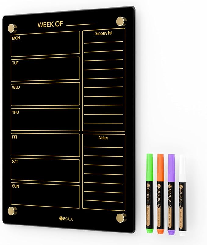 Black Glass Golden Weekly Dry Erase Calendar & Menu Whiteboard by Yeoux