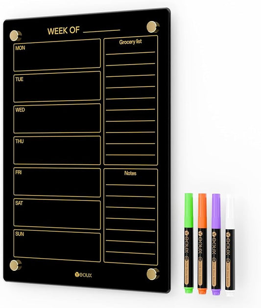 Black Glass Golden Weekly Dry Erase Calendar & Menu Whiteboard by Yeoux