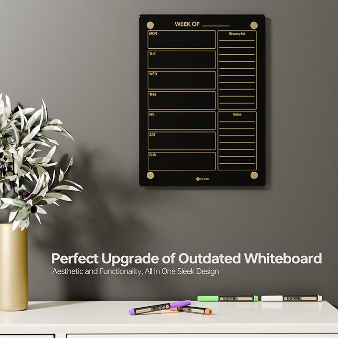 Black Glass Golden Weekly Dry Erase Calendar & Menu Whiteboard - Image 2
