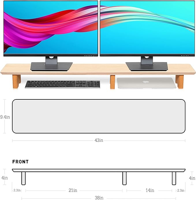 Aothia Large Dual Monitor Stand Riser, Solid Wood Desk Shelf - Image 4