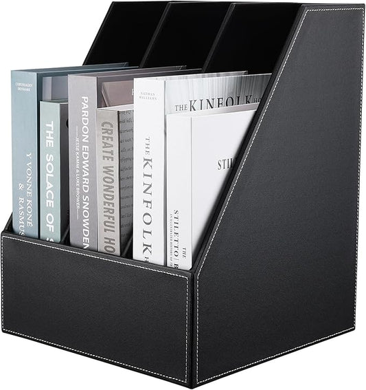 KINGFOM Desktop Wooden Leatherette Magazine File Holder-Organizer-3 Compartment by KingfomLeatherHomeOfficeDecor