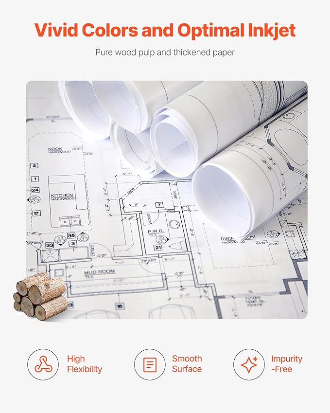 VEVOR Wide Format Paper, 24 in x 300 ft Plotter Roll, 2 Rolls CAD Bond Rolls - Image 5