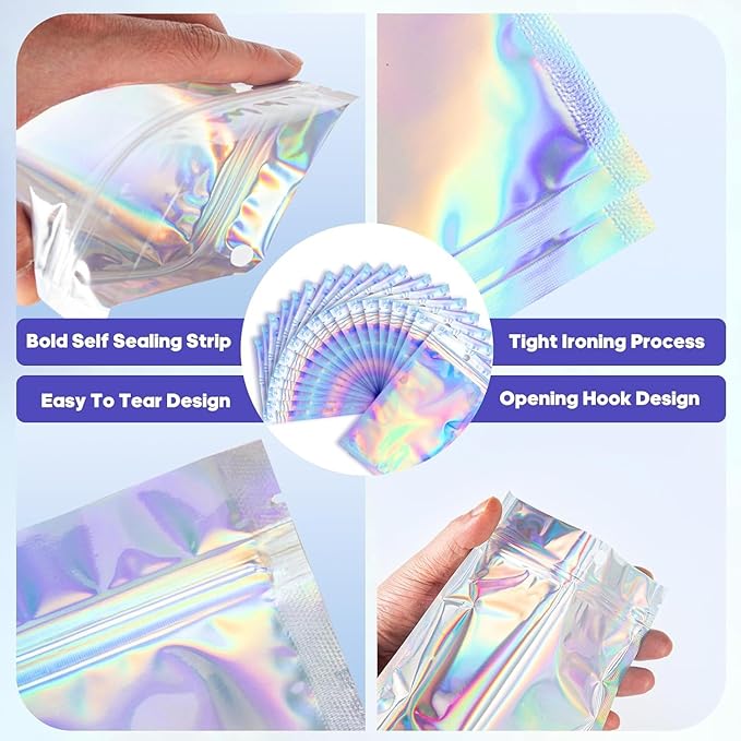100Pcs Holographic Packaging Bags, 3.5x4.7 inch Resealable Foil Pouch Mylar - Image 5