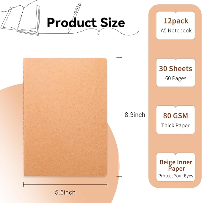 12 Pack Blank Kraft Notebooks, 8.3x5.5 Inches A5 Small Journals Bulk Blank - Image 2
