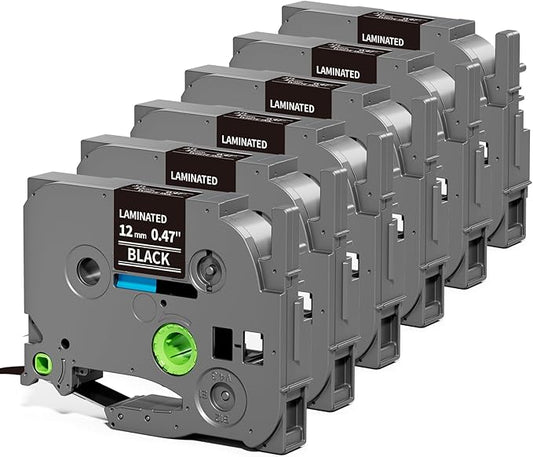 6-Pack Label Maker Tape 12mm 0.47" Black Tze-335 Replacement by Pillex