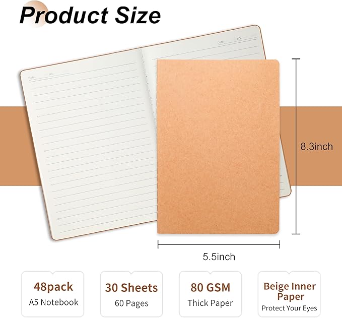 miikoul 48 Pack A5 Kraft Paper Notebook Lined Journal Bulk, 8.3 X 5.5 Inch - Image 2