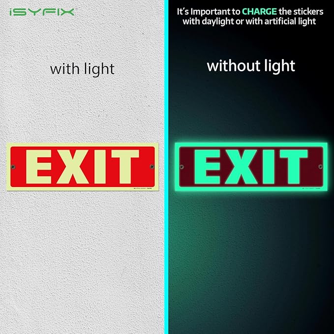 iSYFIX Exit Glow in the Dark Sign – 6 Pack 12x4 Inch – 40 mil Thick Polystyrene - Image 2