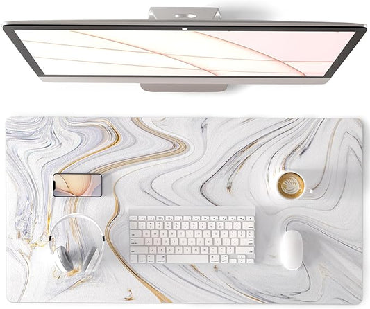 QIYI Large Mouse Pad, Cute Marble White Desk Mat, PU Leather Desk Protector by QIYI