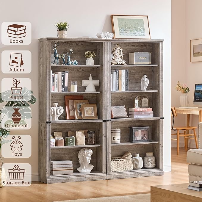 RWYHG 70" Grey Tall Bookshelf Set of 4, 5-Tier Thick Wooden Book Shelf - Image 4