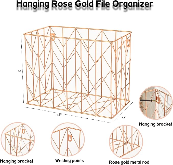 Fei Bi 1 Pack Metal Hanging Rose Gold File Organizer, Storage Box, Office and - Image 2