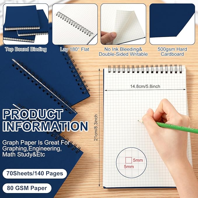 Engrowtic 6 Pack Graph Paper Spiral Notepad A5 Top Wirebound Notepad Grid - Image 2